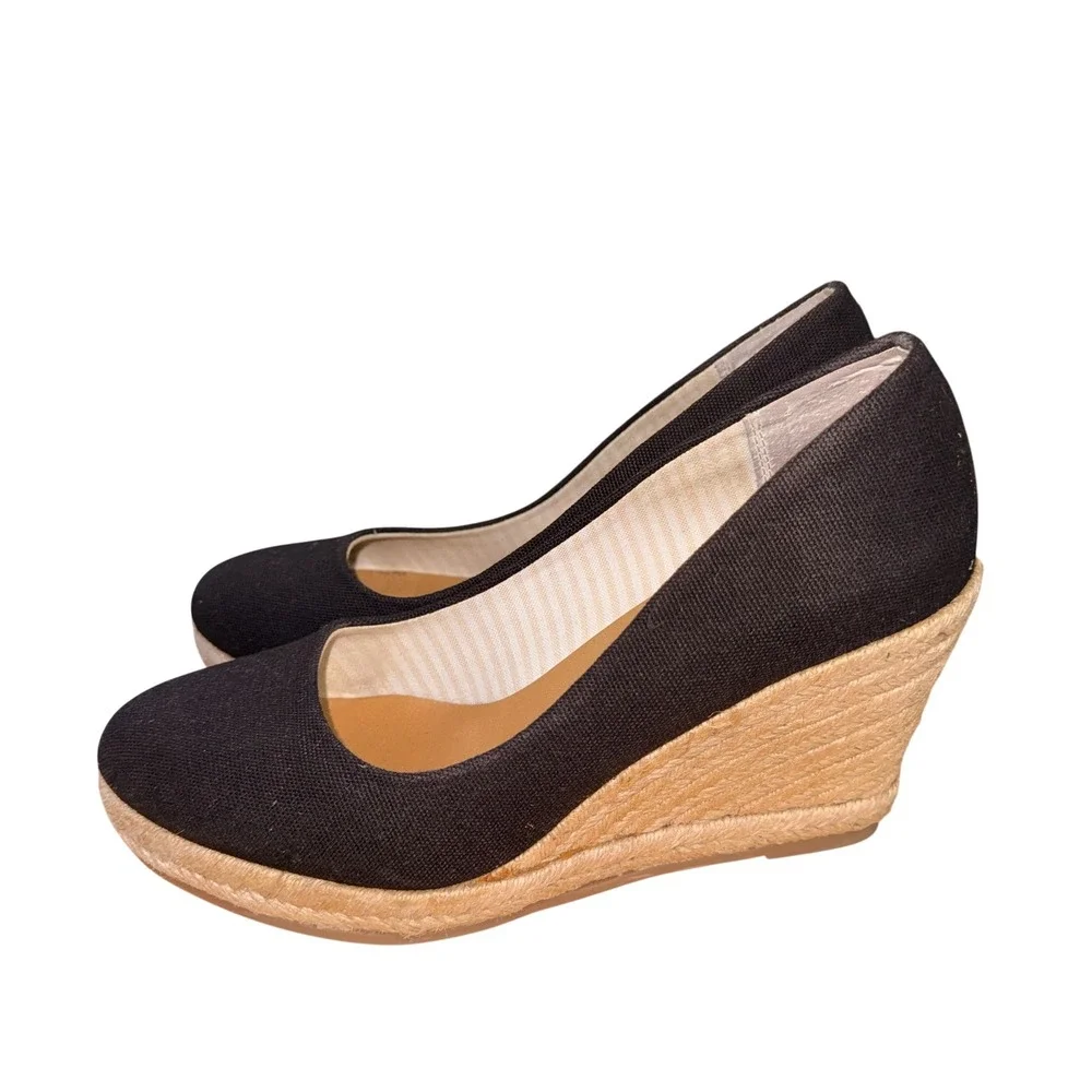 G.H. Bass Kester Wedge Pump Women 8M Pre-Owned Espadrille Black Canvas Jute Heel